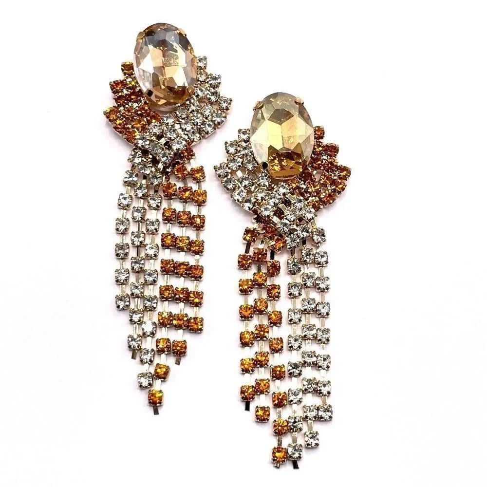 Yellow Gold with Champagne and White Crystal Art Deco Post Back Earrings